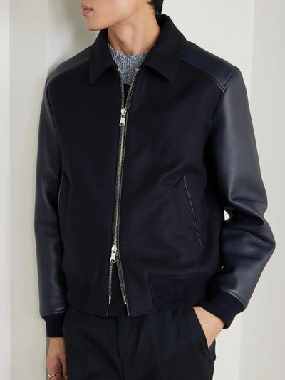 Panelled Ribbed Wool and Textured-Leather Varsity Jacket