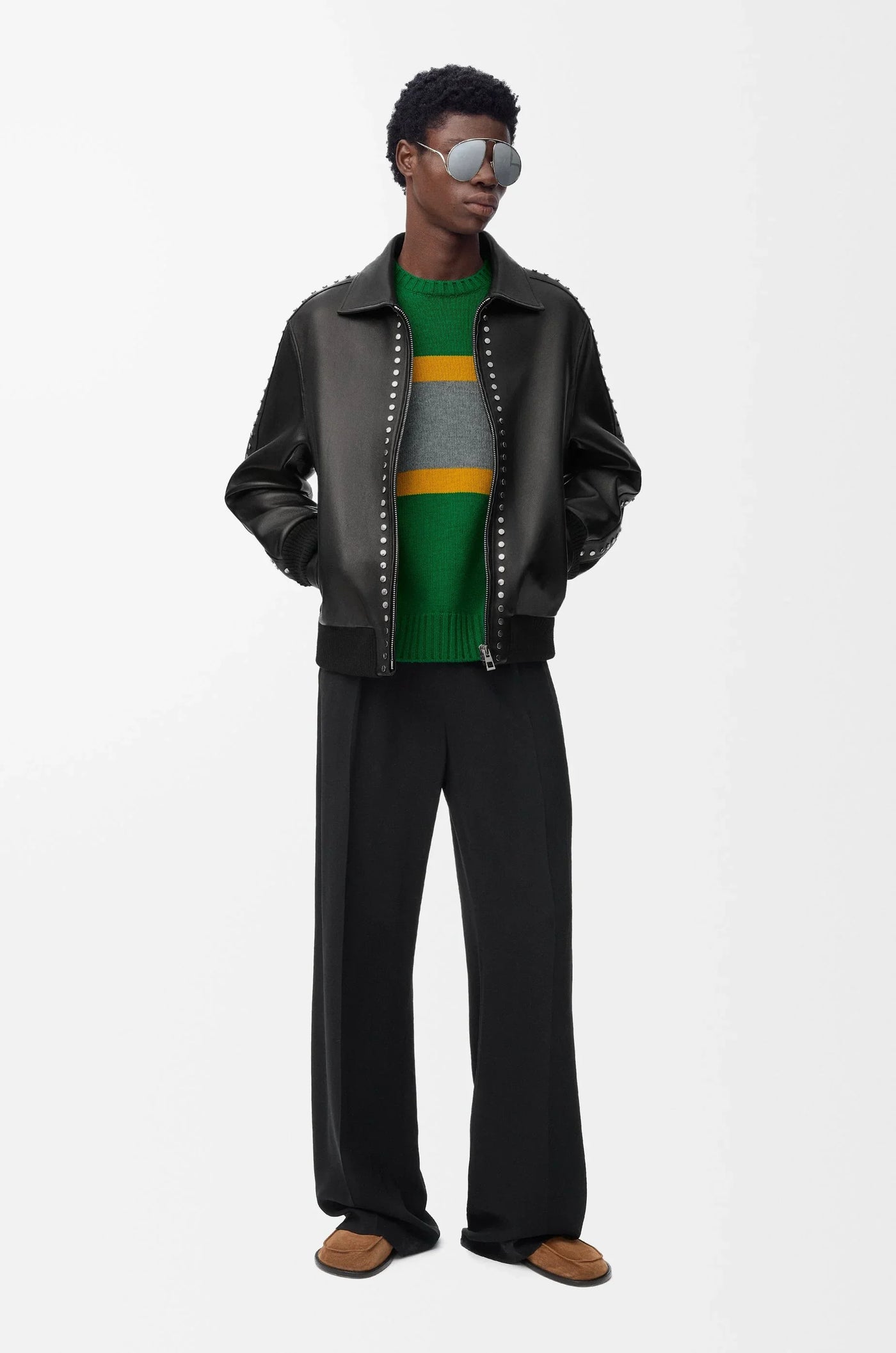 Studded Leather Bomber Jacket